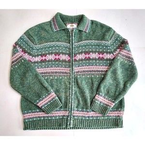 Vintage Ladies Tiara International Zip Front Cotton/Ramie Green Sweater Size M